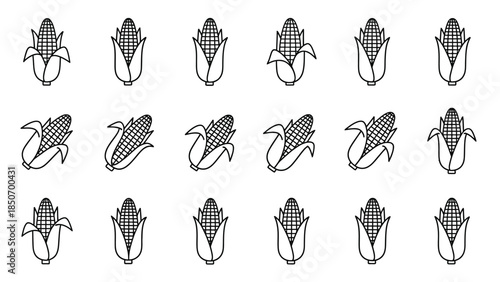 Seamless pattern of various black and white corn cob icons in a repeating grid design