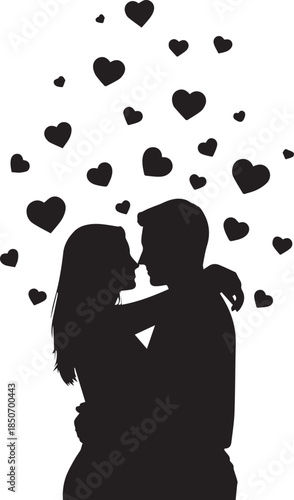 Silhouette of a loving couple embracing with hearts floating above