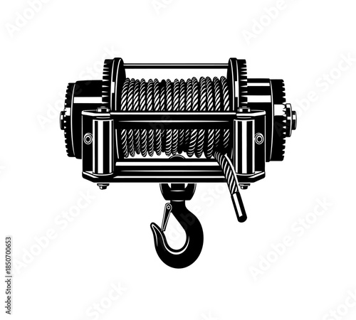 Detailed illustration of a mechanical winch with a steel cable and hook showcasing industrial strength and design