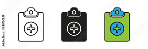 Professional medical clipboard icon set in outline, glyph, and flat color styles. Perfect for healthcare reports, checklists, and medical insurance designs.