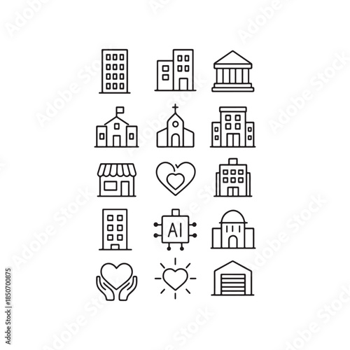 Set of Vector Icons Representing Various Buildings, Institutions, and Concepts related to Technology and Community Support