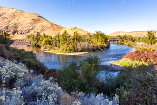 Yakima River riverbanks in fall colors. Washington, USA