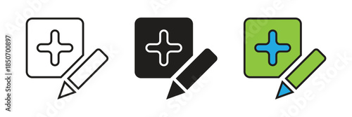 Square note icon with a plus sign and pencil representing content creation, editing data, writing notes, and adding digital information.