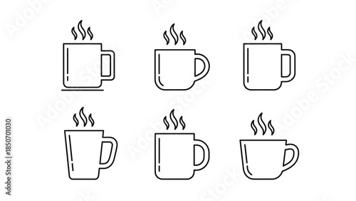 Collection of six simple black and white line art icons depicting steaming hot beverage mugs