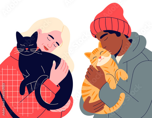 This charming illustration portrays a couple warmly holding their cats, capturing the essence of companionship and love between humans and pets in a playful style.