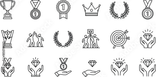 Minimal line icon set featuring trophies medals crowns laurels targets diamonds symbols of achievement success victory teamwork excellence rewards honor