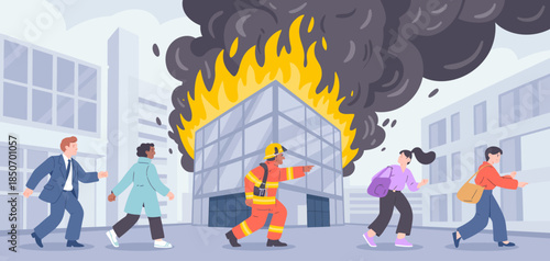 A firefighter is directing a crowd away from a burning building, emphasizing the urgency and importance of safety during emergencies in urban environments.