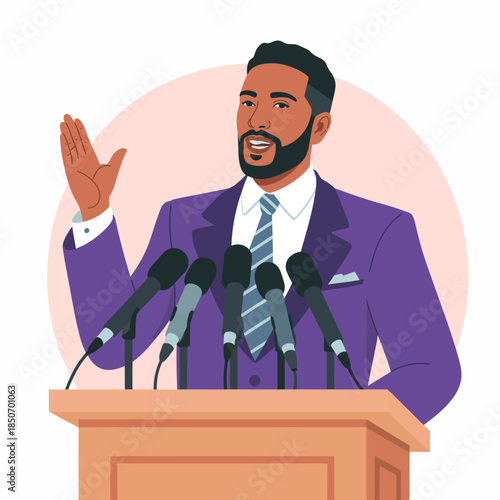 A charismatic speaker passionately addresses the audience from a podium, emphasizing connection and engagement, as microphones surround him, ready for impactful remarks.