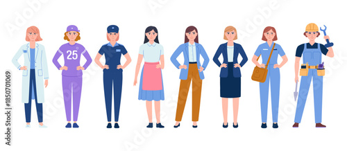 A lineup of women in different professional outfits showcases diversity and the range of roles women play in the workforce, emphasizing empowerment and equality.