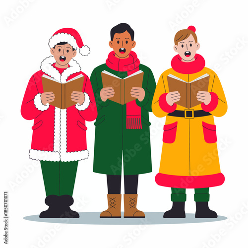 A joyful trio of carolers dressed in festive winter attire, singing heartwarming songs, showcasing the spirit of celebration and community during the holiday season.
