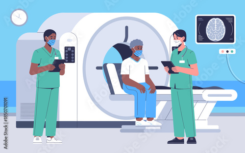 An illustration depicting healthcare professionals engaged in medical imaging using advanced CT scanning equipment, showcasing a focus on patient care and technology in healthcare.