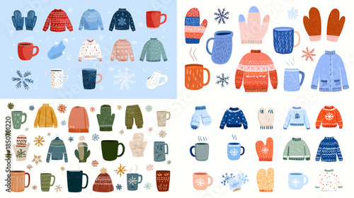 Cute winter clothing icon set with sweaters gloves scarves hats and mugs in soft pastel style perfect for seasonal design cozy lifestyle branding and cold weather illustrations