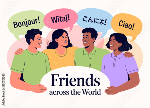 A diverse group of friends sharing greetings in various languages reflects unity and the spirit of multiculturalism, promoting friendship across different cultures.