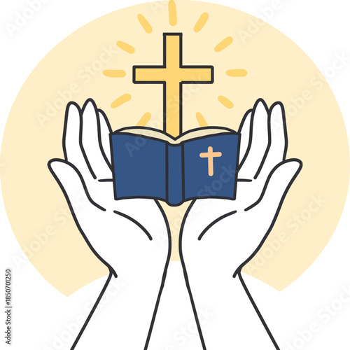 Religious Praise Art with Cross and Open Bible. Perfect for church materials, ministry graphics, and religious inspirational designs. Symbolizing worship, faith, prayer, and devotion