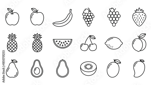 Collection of simple black and white line art icons representing assorted fresh fruits