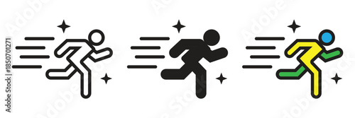 Dynamic running man icon with speed lines and stars. Perfect for athletic branding, delivery speed indicators, and fitness tracking application interfaces.