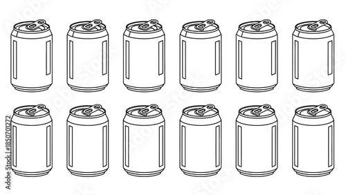 Twelve blank beverage cans arranged in two rows for packaging design concepts