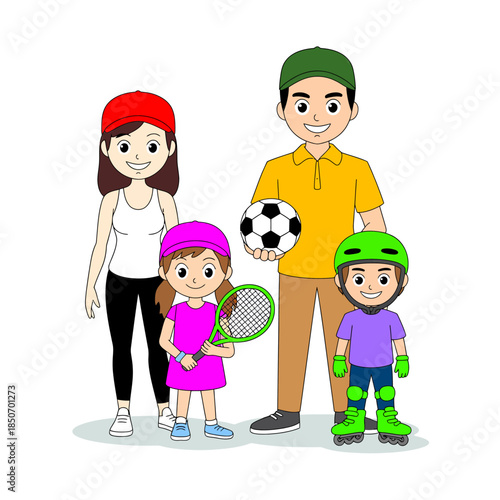 A vibrant family portrait featuring four members, each engaging in various sports, showcasing their enjoyment and teamwork during outdoor family fun time.