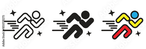 Rounded motion runner icon set symbolizing agility and quick progress. Suitable for sports competitions, courier services, and active lifestyle graphic projects.