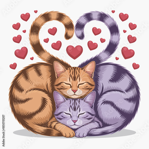 This cute illustration showcases two cats snuggled up together, forming heart shapes with their tails, symbolizing love and affection between pets in a joyful and playful manner.