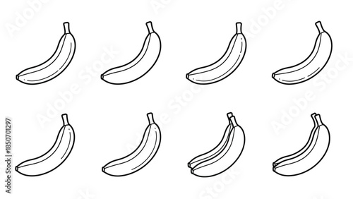 Simple black and white outline pattern of various banana shapes in a repeating layout