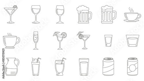 Collection of outline icons representing assorted beverages, including cocktails, beer, coffee, and water