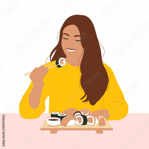 A joyful person savoring a plate of sushi rolls with chopsticks, embodying the culture of culinary delight, sharing moments of pleasure, and the enjoyment of culinary arts.