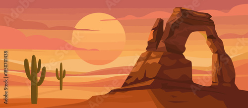 A visually stunning desert scene featuring a dramatic rock arch against a vibrant sunset, reflecting nature's beauty and the tranquility of remote landscapes.