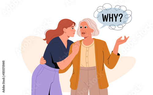 An illustration showing a close interaction between a younger woman and an older woman, capturing a moment of curiosity and concern with expressive emotions in a relatable situation.