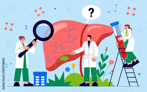 A vibrant illustration showing scientists examining a large liver depiction while engaging in discussion, emphasizing the importance of scientific research in health science.