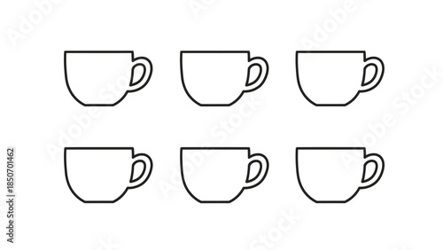 Simple black and white outline pattern featuring six identical coffee or tea cups arranged neatly