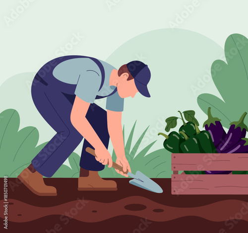 A dedicated gardener kneels in a lush green field, diligently cultivating fresh vegetables, reflecting the hard work and joy of sustainable farming and healthy living.
