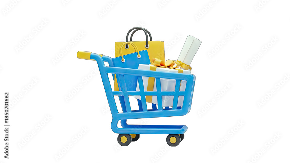 Fototapeta premium Shopping Cart Filled with Gifts and Bags on White Background