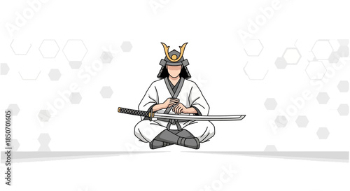 Meditative samurai warrior illustration with katana and helmet on white background