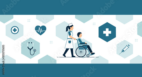 Medical professional assisting patient in wheelchair amidst healthcare icons theme