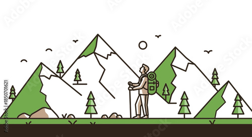 Minimalist illustration of a hiker in a mountain landscape, enjoying the scenic nature and open sky