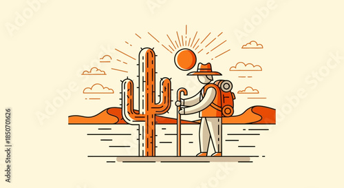 Minimalist desert illustration featuring a traveler and a saguaro cactus with soft color palette