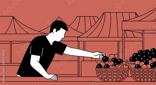Minimalist Illustration of a Man Choosing Fruit at an Outdoor Farmers Market Stall