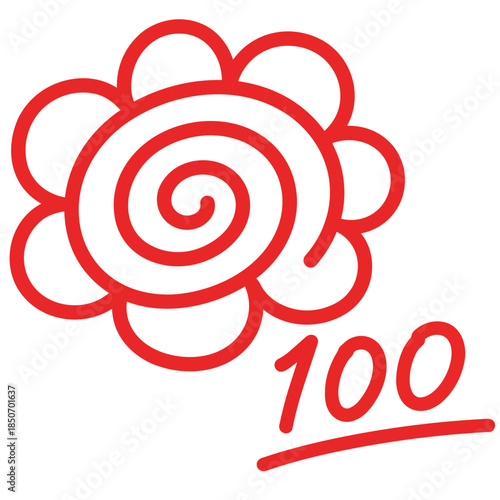 赤で描かれた花丸と１００点のマークがくるくると喜びと称賛で祝う　努力が実った瞬間や前向きな評価