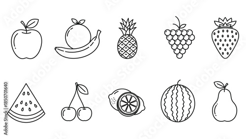 Collection of ten simple black outline icons representing various fresh fruits