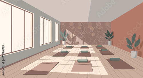 Serene Yoga Studio Interior with Mats, Plants, and Natural Light Creating Tranquility