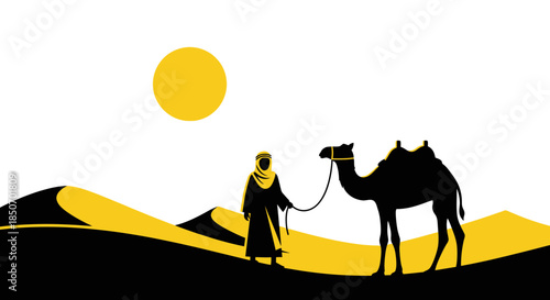 Silhouette of a camel and a man walking in the desert under the scorching sun