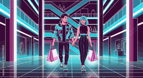 Stylish Couple Enjoying a Shopping Spree in a Futuristic Mall Setting with Neon Lights