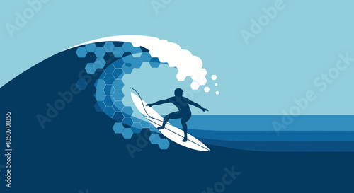 Surfing adventure on a stylized wave with a honeycomb pattern design illustration