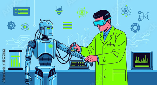 The future of robotics, scientist and robot work together in the lab with technology and