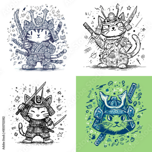 Cute samurai animal character illustrated in detailed line art style with fantasy armor and expressive face suitable for mascot design stickers posters apparel and creative branding