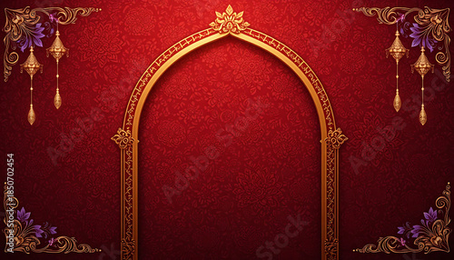 Elegant golden arch and traditional decorations on a rich red textured background