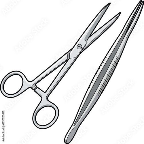 Medical scissors and forceps isolated on transparent background