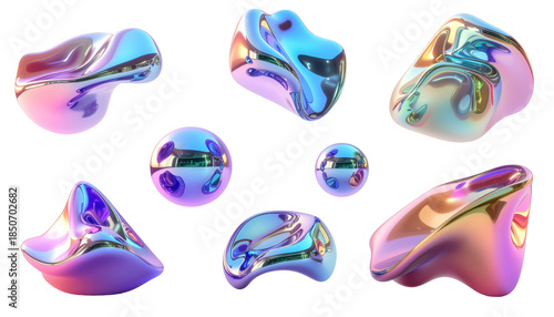 Collection of Abstract 3D Shapes in Iridescent Colors Against a Transparent Background