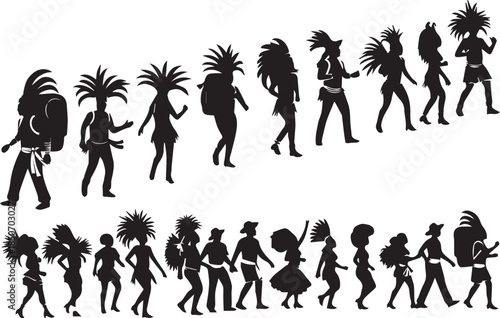 Silhouettes of diverse people in festive costumes dancing and celebrating